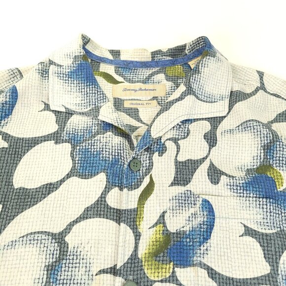 Tommy Bahama Shirt Mens Large Blue Floral Print Hawaiian Wood Button‎ 100% Silk - Picture 4 of 11